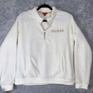 Guess‎ Womens Lilly 1/2 Zip Fleece Jacket Cream Gold Logo & Zipper XL